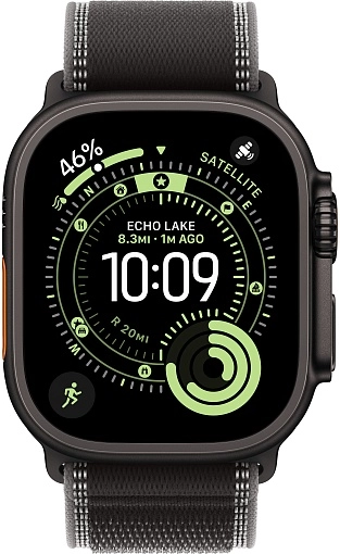 Apple Watch Ultra 3 49 мм, корпус из черного титана, ремешок Trail черного цвета, размер S/M